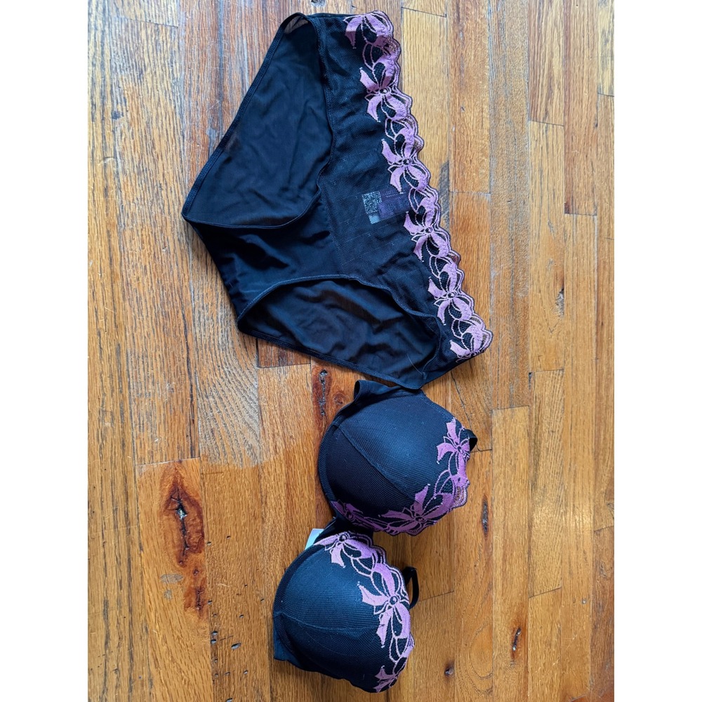 Adore Me Black Lace Trim Push Up Bra & Panty Set Size M